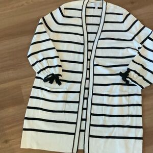 Talbots Black & White Striped Open-Front Cardigan with Bow Cuffs
